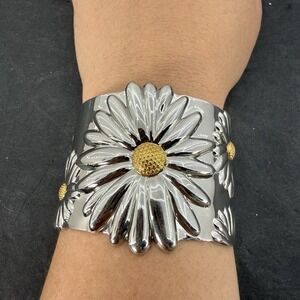 Fadi Daisy Cuff Bracelet 6" Adjustable Fashion Jewelry Stainless Steel 2 Tone